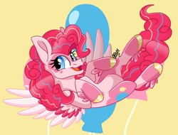 Size: 972x740 | Tagged: safe, artist:scribble, pinkie pie, pegasus, pony, coat markings, female, flying, happy, hooves, mare, pegasus pinkie pie, pinkie pie (g5), race swap, simple background, smiling, solo, spread wings, wings