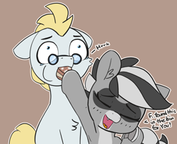 Size: 1280x1039 | Tagged: safe, artist:pabbley, derpibooru import, oc, oc only, oc:bandy cyoot, pony, armpits, eyes closed, female, food, male, mare, simple background, smiling, stallion