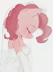 Size: 763x1024 | Tagged: safe, artist:manachaaaaaaaa, pinkie pie, anthro, earth pony, clothes, cute, diapinkes, dress, ear piercing, earring, eyes closed, female, gloves, head down, jewelry, long gloves, mare, piercing, pixiv, profile, simple background, smiling, solo, strapless, veil, wedding dress, wedding veil, white background