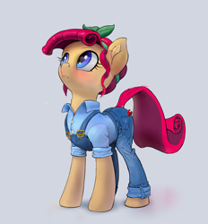 Size: 2882x3112 | Tagged: safe, alternate version, artist:xbi, torque wrench, earth pony, pony, rainbow roadtrip, background removed, female, looking up, mare, overalls, simple background, solo, wrench