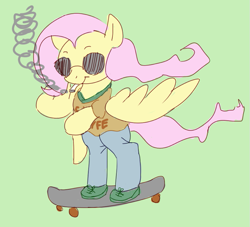 Size: 731x665 | Tagged: safe, artist:anonymous, fluttershy, pegasus, pony, /mlp/, 4chan, cigarette, clothes, drawthread, pants, shirt, skateboard, skateboarding, smoke, smoking, solo, sunglasses, t-shirt