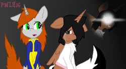 Size: 947x522 | Tagged: safe, artist:xgalacticxstudios18x, oc, oc only, oc:littlepip, alicorn, pony, unicorn, fallout equestria, alicorn oc, clothes, cutie mark, fanfic, fanfic art, female, glowing eyes, gradient background, horn, mare, open mouth, vault suit, wings