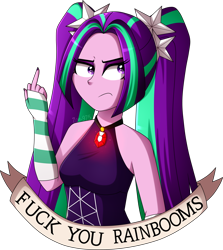 Size: 1320x1477 | Tagged: safe, artist:zoe-975, derpibooru import, aria blaze, equestria girls, rainbow rocks, armpits, clothes, evening gloves, female, fingerless elbow gloves, fingerless gloves, fuck you, gem, gloves, jewelry, long gloves, middle finger, necklace, old banner, pendant, pigtails, redraw, simple background, siren gem, sleeping, sleeveless, solo, transparent background, twintails, vulgar