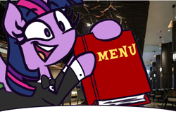 Size: 760x492 | Tagged: safe, artist:quarium edits, edit, twilight sparkle, twilight sparkle (alicorn), alicorn, pony, exploitable meme, meme, menu, restaurant, solo, twilight's fact book, waitress