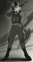 Size: 1000x1833 | Tagged: safe, artist:sunny way, oc, anthro, earth pony, pony, ak, ak-47, assault rifle, clothes, female, gun, mare, military, military uniform, patreon, patreon reward, rcf community, rifle, smiling, smoke, smoking, solo, uniform, weapon