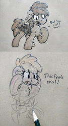 Size: 1280x2367 | Tagged: safe, artist:moemneop, derpibooru import, oc, oc:lukida, bat pony, pony, drawn into existence, female, fourth wall, mare, pencil, solo, traditional art