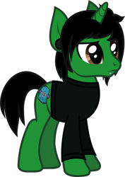 Size: 865x1220 | Tagged: safe, artist:lightningbolt, derpibooru exclusive, derpibooru import, pony, unicorn, .svg available, clothes, ear piercing, elf ears, frown, gauges, horn, long sleeves, male, pierce the veil, piercing, ponified, shirt, short mane, short tail, simple background, solo, stallion, standing, svg, tony perry, transparent background, vector