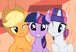 Size: 1353x937 | Tagged: safe, screencap, applejack, rarity, twilight sparkle, unicorn twilight, earth pony, pony, unicorn, look before you sleep, cheek squish, cropped, cute, female, golden oaks library, hair curlers, happy, jackabetes, lidded eyes, looking at you, mare, one eye closed, raribetes, smiling, squishy cheeks, trio, twiabetes