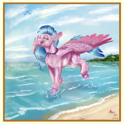 Size: 4000x4000 | Tagged: safe, artist:gaelledragons, artist:ilynalta, silverstream, bird, classical hippogriff, hippogriff, collaboration, absurd resolution, beach, cute, diastreamies, eyes closed, female, happy, ocean, open mouth, sand, signature, solo