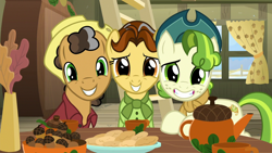 Size: 1280x720 | Tagged: safe, derpibooru import, screencap, oak nut, pistachio, earth pony, pony, best gift ever, acorn, acorn family, butternut, cute, female, hat, ladder, looking at you, male, mare, pistachiaww, smiling, stallion, sweet acorn orchard, teenager, trio