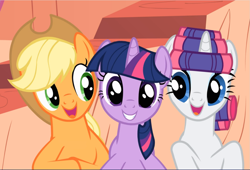 Size: 1381x940 | Tagged: safe, screencap, applejack, rarity, twilight sparkle, unicorn twilight, earth pony, pony, unicorn, look before you sleep, applejack's hat, cowboy hat, cute, female, golden oaks library, hair curlers, happy, hat, jackabetes, looking at you, mare, open mouth, raribetes, smiling, twiabetes