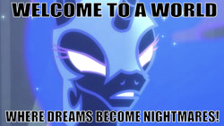 Size: 640x361 | Tagged: safe, edit, edited screencap, editor:undeadponysoldier, screencap, nightmare moon, alicorn, pony, angry, been to hell, caption, female, glowing eyes, hollywood undead, image macro, looking at you, lyrics, mare, song reference, text, white eyes