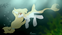 Size: 2000x1123 | Tagged: safe, artist:reterica, derpibooru import, oc, oc only, fish, pony, bubble, fish tail, long hair, long tail, solo, underwater