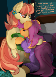 Size: 1052x1440 | Tagged: safe, artist:not_texmex, derpibooru exclusive, aunt holiday, scootaloo, bedroom, belly button, bucket, caring for the sick, clothes, comforting, ear fluff, holding stomach, messy mane, nauseous, pajamas, scootalove, sick, text