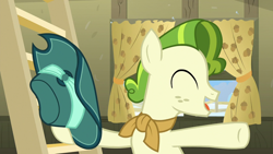 Size: 1280x720 | Tagged: safe, derpibooru import, screencap, pistachio, earth pony, pony, best gift ever, eyes closed, hat, male, solo, teenager