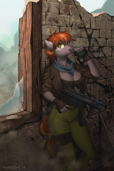 Size: 900x1350 | Tagged: safe, artist:margony, derpibooru import, oc, oc only, oc:aurous affect, anthro, earth pony, anthro oc, bandaid, brick wall, broken glass, clothes, commission, digital art, dust, female, fingerless gloves, gloves, grenade, gun, jacket, mare, mp5k, pants, signature, solo, taking cover, uniform, weapon, window, ych result