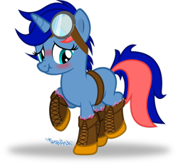 Size: 1280x1188 | Tagged: safe, alternate version, artist:cyberapple456, derpibooru import, oc, oc only, oc:ryo, pony, alternate hairstyle, belt, blushing, boots, clothes, goggles, lifted leg, shoes, slime, slimy, solo