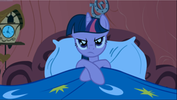 Size: 1668x941 | Tagged: safe, screencap, twilight sparkle, unicorn twilight, pony, unicorn, look before you sleep, bed, cropped, golden oaks library, solo, twilight is not amused, twilight's bedroom, unamused