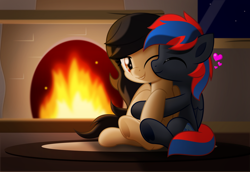 Size: 800x549 | Tagged: safe, artist:jhayarr23, oc, oc only, oc:smooth walker, pegasus, pony, cuddling, female, fireplace, male, mare, stallion