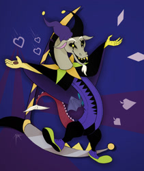 Size: 1600x1900 | Tagged: safe, artist:zetamad, derpibooru import, discord, draconequus, spoiler:deltarune, abstract background, black sclera, clothes, crossover, deltarune, glowing eyes, jester, jester motley, jestercord, jevil, male, scythe, simple background, solo