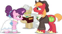 Size: 12000x6610 | Tagged: safe, artist:chrzanek97, big macintosh, mayor mare, sugar belle, earth pony, pony, the big mac question, .svg available, absurd resolution, book, clothes, dress, eyes closed, female, male, mare, simple background, stallion, transparent background, vector, wedding dress, wrong aspect ratio