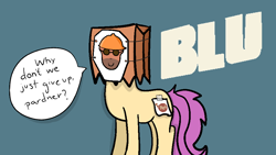 Size: 960x540 | Tagged: safe, artist:bizarre, oc, oc:paper bag, pony, bad disguise, dialogue, disguise, fake cutie mark, mask, not our finest moment, obvious disguise, obvious spy, paper bag, spy, team fortress 2