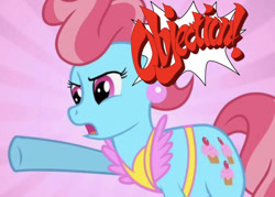 Size: 638x456 | Tagged: safe, edit, edited screencap, editor:undeadponysoldier, screencap, cup cake, earth pony, pony, ace attorney, apron, clothes, ear piercing, earring, female, jewelry, mare, objection, phoenix wright, piercing, pointing, raised hoof, reference, solo, sunburst background, yelling