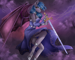 Size: 1300x1050 | Tagged: safe, artist:alicesmitt31, derpibooru import, oc, oc only, oc:moon bloom, anthro, bat pony, unguligrade anthro, anthro oc, bat pony oc, bat wings, blue hair, blue mane, clothes, cloud, commission, digital art, dress, female, hoof shoes, looking sideways, mare, signature, sky, solo, sword, thunder, weapon, ych result