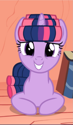 Size: 553x941 | Tagged: safe, screencap, twilight sparkle, unicorn twilight, pony, unicorn, look before you sleep, book, cropped, cute, golden oaks library, hair curlers, looking at you, smiling, solo, twiabetes
