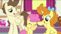 Size: 1920x1080 | Tagged: safe, screencap, li'l cheese, pound cake, pumpkin cake, earth pony, pegasus, pony, unicorn, the last problem, bipedal, bow, cake twins, colt, eyes closed, female, foal, hair bow, happy, male, mare, older, older cake twins, older pound cake, older pumpkin cake, puffy cheeks, raspberry, siblings, smiling, stallion, sugarcube corner, tongue out, twins