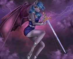 Size: 1280x1034 | Tagged: safe, alternate version, artist:alicesmitt31, derpibooru import, oc, oc only, oc:moon bloom, anthro, bat pony, unguligrade anthro, anthro oc, bat pony oc, bat wings, blue hair, blue mane, clothes, cloud, commission, digital art, female, hoof shoes, looking sideways, mare, no tail, signature, sky, solo, sword, thunder, weapon, ych result