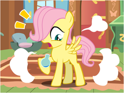 Size: 800x600 | Tagged: safe, artist:flash equestria photography, butterscotch, fluttershy, pegasus, pony, age regression, bottle, colt, fluttershy's cottage, implied age regression, indoors, male, open mouth, potion, rule 63, show accurate, solo, surprised