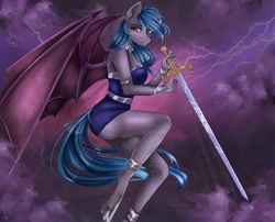 Size: 1280x1034 | Tagged: safe, alternate version, artist:alicesmitt31, derpibooru import, oc, oc only, oc:moon bloom, anthro, bat pony, unguligrade anthro, anthro oc, bat pony oc, bat wings, blue hair, blue mane, clothes, cloud, commission, digital art, female, hoof shoes, looking sideways, mare, signature, sky, solo, sword, thunder, weapon, ych result