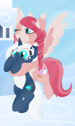 Size: 1080x1805 | Tagged: safe, oc, pegasus, pony, unicorn, alchemist, cutie mark, flying, holding a pony, lazy, struggling