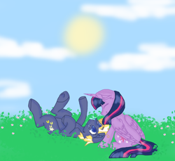 Size: 800x733 | Tagged: safe, artist:cslie, star tracker, twilight sparkle, twilight sparkle (alicorn), alicorn, butterfly, earth pony, pony, butterfly on nose, colored pupils, cute, ear fluff, eyes closed, female, flower, insect on nose, legs in air, male, mare, on back, shipping, smiling, stallion, straight, trackerbetes, twiabetes, twitracker