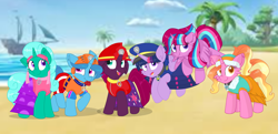 Size: 2224x1080 | Tagged: safe, artist:rainbow eevee edits, artist:徐詩珮, fizzlepop berrytwist, glitter drops, luster dawn, spring rain, tempest shadow, twilight sparkle, twilight sparkle (alicorn), oc, oc:bubble sparkle, alicorn, unicorn, series:sprglitemplight diary, series:sprglitemplight life jacket days, series:springshadowdrops diary, series:springshadowdrops life jacket days, alicorn oc, alternate universe, bisexual, broken horn, clothes, equestria girls outfit, family, female, glitterbetes, glitterlight, glittershadow, horn, lesbian, lifeguard spring rain, magical lesbian spawn, magical threesome spawn, mother and child, mother and daughter, multiple parents, next generation, offspring, parent and child, parent:glitter drops, parent:spring rain, parent:tempest shadow, parent:twilight sparkle, parents:glittershadow, parents:sprglitemplight, parents:springdrops, parents:springshadow, parents:springshadowdrops, paw patrol, polyamory, shipping, sprglitemplight, springbetes, springdrops, springlight, springshadow, springshadowdrops, stock image, tempestbetes, tempestlight