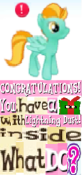 Size: 243x515 | Tagged: safe, derpibooru import, lightning dust, pony, box, bronybait, caption, congratulations, expand dong, exploitable meme, gameloft, image macro, meme, needs more jpeg, pony in a box, solo, text, what do