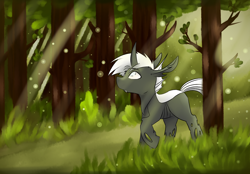 Size: 5134x3564 | Tagged: safe, artist:jayliedoodle, derpibooru import, oc, oc only, oc:frederick, changeling, commission, crepuscular rays, forest, forest background, fully shaded, peaceful, solo, sunny, tree