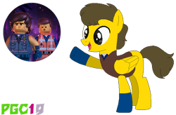 Size: 610x400 | Tagged: safe, artist:paintgreencolor19, artist:selenaede, oc, oc:rodrigo dangervest, base used, crossover, emmet brickowski, lego, magical gay spawn, offspring, parent:emmet brickowski, parent:rex dangervest, rex dangervest, simple background, spoilers for another series, the lego movie, the lego movie 2: the second part, transparent background