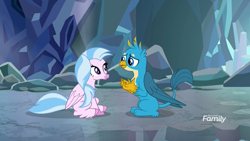 Size: 1920x1080 | Tagged: safe, derpibooru import, screencap, gallus, silverstream, classical hippogriff, griffon, hippogriff, what lies beneath, cave, claws, discovery family logo, duo, eye contact, female, looking at each other, male, nightmare cave, paws, shipping fuel, sitting