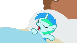 Size: 1024x577 | Tagged: safe, artist:indonesiarailroadpht, oc, oc only, oc:cyan lightning, unicorn, bed, colt, eyes closed, male, open mouth, simple background, sleeping, transparent background