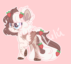 Size: 1105x991 | Tagged: safe, artist:fliyingrainbow, oc, pegasus, pony, female, food, mare, pink background, simple background, solo, strawberry