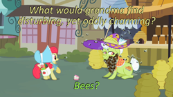 Size: 640x360 | Tagged: safe, derpibooru import, edit, edited screencap, screencap, apple bloom, granny smith, bee, insect, family appreciation day, animal, bee beard, bonnet, caption, cards against humanity, hat, image macro, text