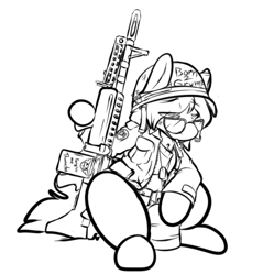Size: 514x537 | Tagged: safe, artist:cantershirecommons, derpibooru import, oc, oc only, oc:timeline, pony, cigarette, clothes, costume, dog tags, gun, helmet, long sleeves, m60, machine gun, male, military uniform, nightmare night costume, simple background, sitting, solo, tired, weapon, white background