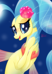 Size: 1447x2047 | Tagged: safe, artist:棘有棘無棘棘, derpibooru import, princess skystar, seapony (g4), my little pony: the movie, bioluminescent, cute, female, fins, flower, flower in hair, flowing mane, freckles, jewelry, necklace, open mouth, pearl necklace, signature, smiling, solo, underwater