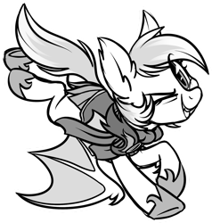 Size: 1024x1074 | Tagged: safe, artist:kellythedrawinguni, derpibooru import, oc, oc:winter rose, bat pony, pony, armor, bat pony oc, female, hoof shoes, mare, monochrome, night guard, one eye closed, simple background, solo, transparent background, wink