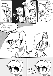 Size: 1493x2125 | Tagged: safe, artist:provolonepone, derpibooru import, applejack, rarity, earth pony, pony, unicorn, comic:a sapphic story, clothes, comic, cute, dress, jackabetes, monochrome, nervous, raribetes