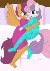 Size: 2337x3300 | Tagged: safe, artist:skyflys, derpibooru import, scootaloo, sweetie belle, anthro, pegasus, plantigrade anthro, unicorn, barefoot, bed, blushing, clothes, cute, feet, female, filly, footed sleeper, lesbian, nightgown, one eye closed, open mouth, oversized clothes, oversized shirt, pajamas, scootabelle, scootalove, shipping, shirt, smiling, snuggling