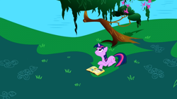 Size: 1280x720 | Tagged: safe, derpibooru import, screencap, twilight sparkle, unicorn twilight, pony, unicorn, friendship is magic, book, book of harmony, female, mare, tree