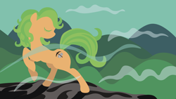 Size: 8405x4728 | Tagged: source needed, safe, artist:pixhunter, derpibooru import, oc, oc only, earth pony, pony, absurd resolution, eyes closed, female, forest, hooves, lineless, mare, minimalist, modern art, mountain, solo, vector